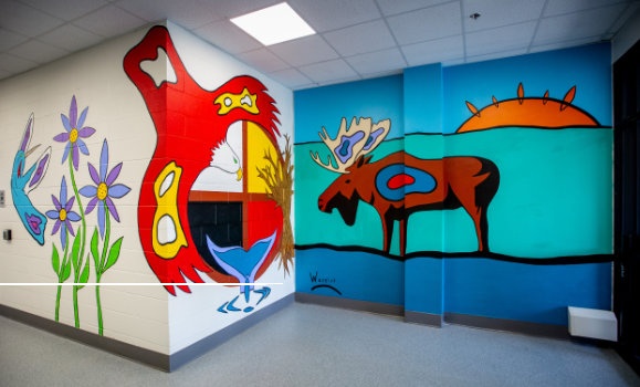 Mi'kmaw artist Lorne Alexander Julien's most recently completed mural, seen above, can be found near the entrance of West Cox on Dal's campus in Truro. (Johanna Matthews photos)
