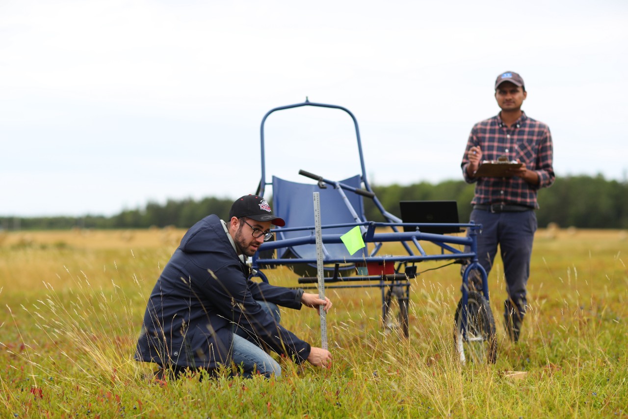 Two students, in an open field with long grass next to a metal-frame open vehicle.