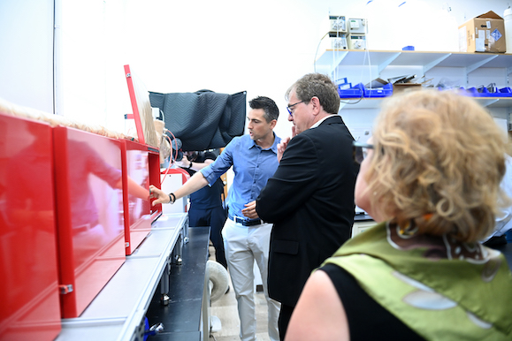 Dr. Metzger, Minister Wilkinson, and MP Lena Metlege Diab in Dal’s battery lab.