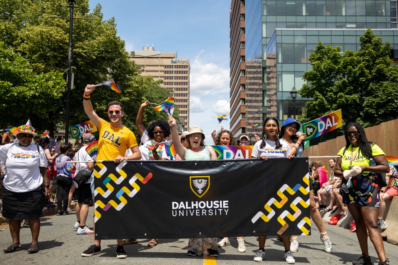 Dal group with banner marches in Pride Parade