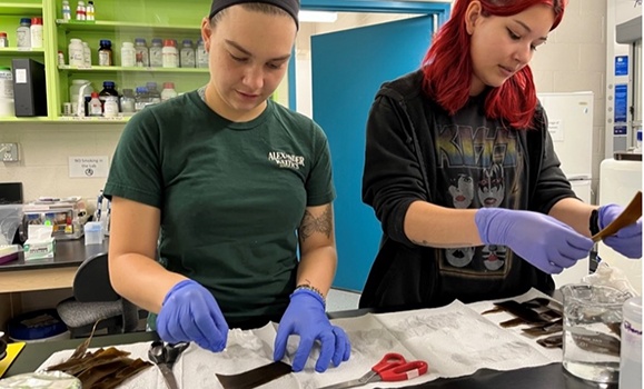 Undergraduate students Lara Mitchell and Tessa Schaefer prepare materials in a lab. (Carly Buchwald photos)