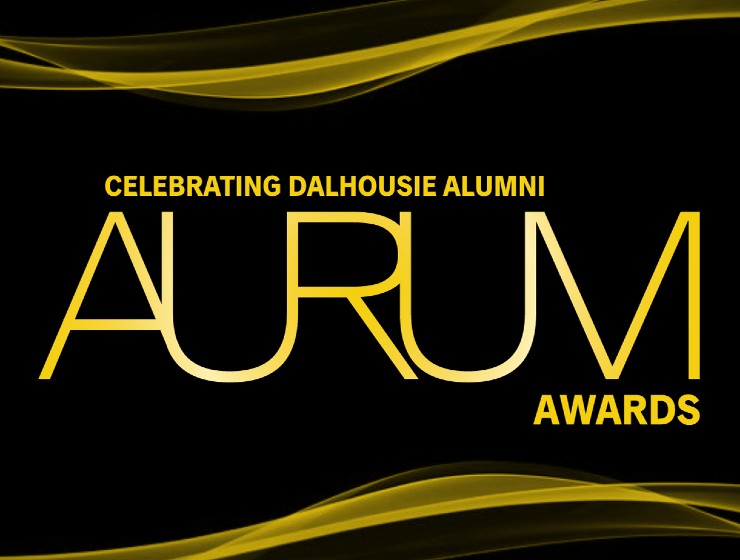 Celebrating Dalhousie Alumni Aurum Awards with black and gold graphic design.