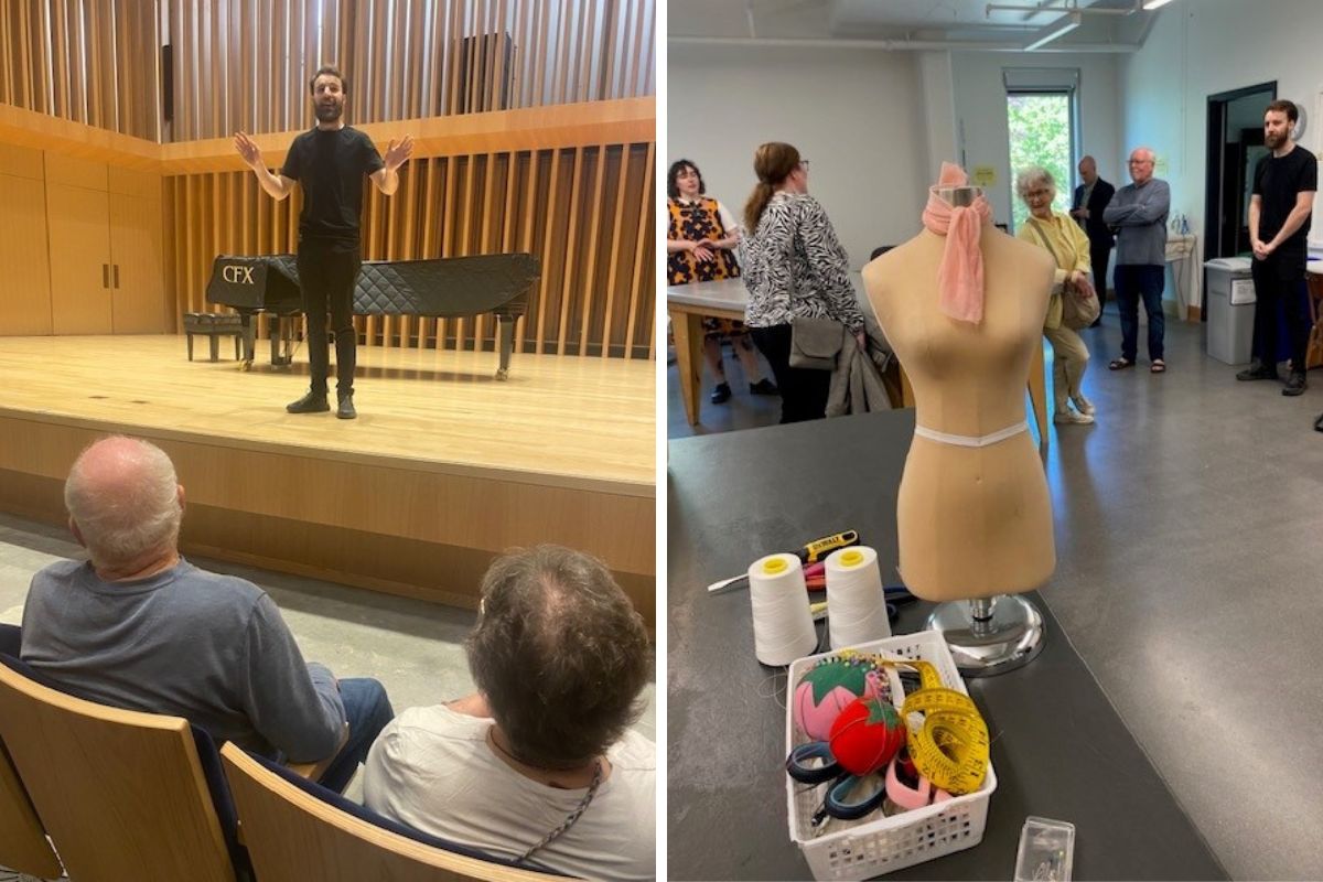 A person wearing a black t-shirt and black pants is standing on stage casually addressing a couple in the audience | A mannequin and sewing supplies are set up in a room with people looking at it.