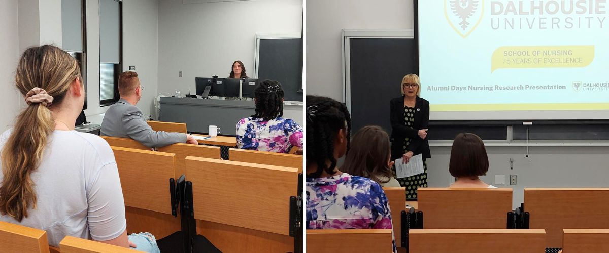 A view of 3 audience members from the back watching a speaker | A woman presents in front of a large screen to a small group of people in lecture hall seats.
